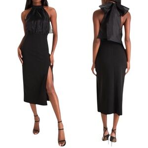 NWOT Lulus Glamorous Promise Black Organza Halter Stretchy Skirt Midi Dress